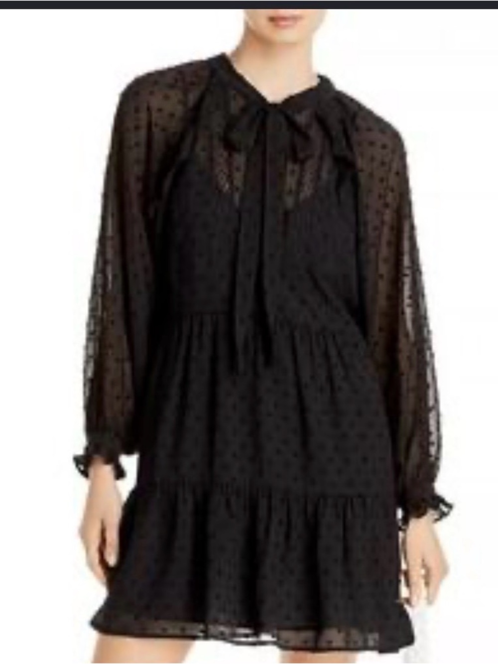 Aqua Black Swiss Dot Tiered Long-Sleeve Dress Xs